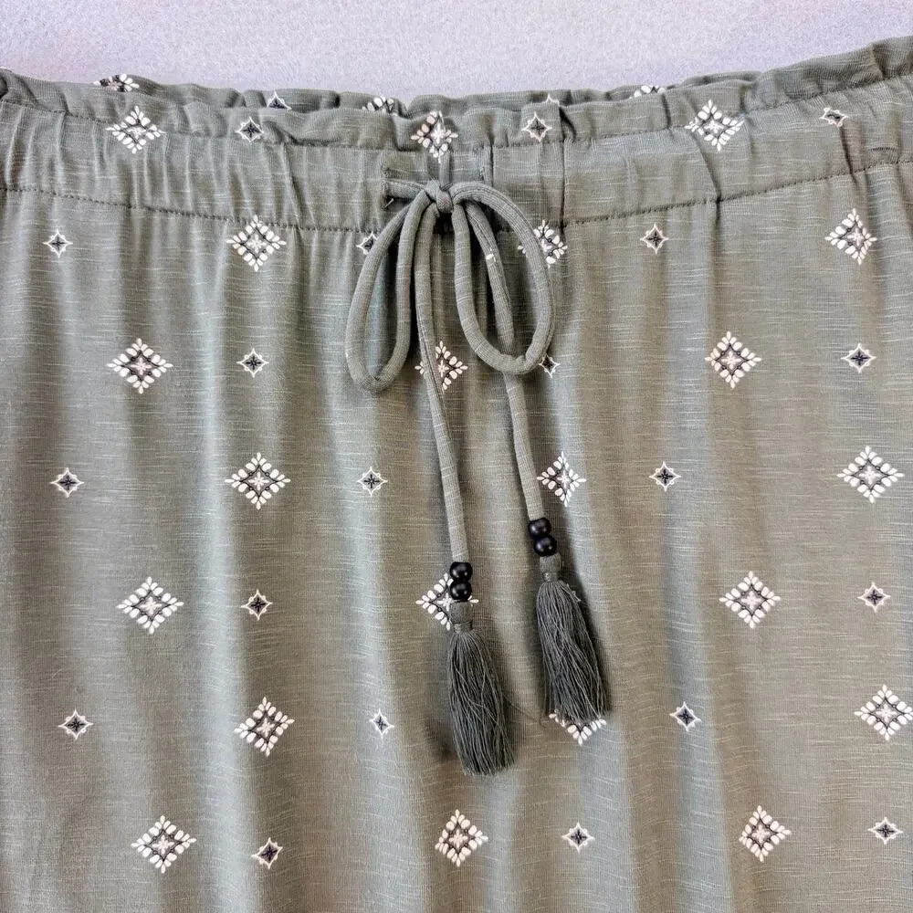 J. Jill NEW Caraway Olive Green Tie Tassel Pull On Soft Floral Cottagecore Skirt